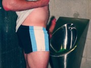Preview 1 of Furry muscle hunk shows off his big thick cock at the public urinal