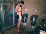 Preview 3 of Furry muscle hunk shows off his big thick cock at the public urinal