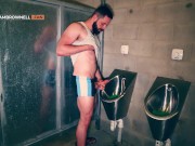 Preview 4 of Furry muscle hunk shows off his big thick cock at the public urinal