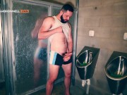 Preview 5 of Furry muscle hunk shows off his big thick cock at the public urinal
