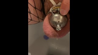 How piss a good sissy - Micro chastity cage  with urethral