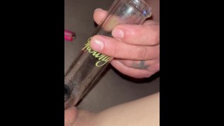 Amateur Tatted Brunette Does Bong Hits Before Playing With Her Juicy Pussy