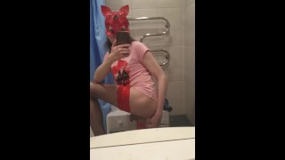 Sissy mirror dildo in bathroom