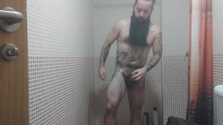 Solo male. Bearded & tattooed bear in the shower