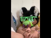 Preview 1 of Furry fucks himself with dildo while masturbating with a toy pussy.