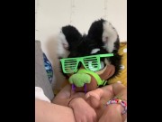 Preview 3 of Furry fucks himself with dildo while masturbating with a toy pussy.