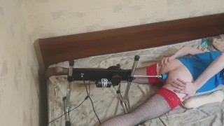 Ass fucked on the bed with sex machine