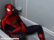 Preview 1 of spiderman pisses all over his suit with hard cock, jerks off, cums in raised webbing spidey costume