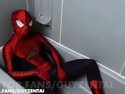 Preview 2 of spiderman pisses all over his suit with hard cock, jerks off, cums in raised webbing spidey costume