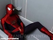 Preview 3 of spiderman pisses all over his suit with hard cock, jerks off, cums in raised webbing spidey costume