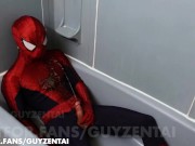 Preview 6 of spiderman pisses all over his suit with hard cock, jerks off, cums in raised webbing spidey costume