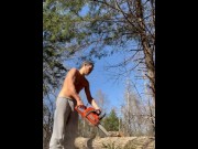 Preview 2 of Lumberjack Joe cutting wood, smoking, pissing