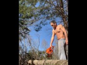 Preview 3 of Lumberjack Joe cutting wood, smoking, pissing