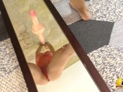 Preview 4 of Super Ride on Dildo and Tits Job on the Mirror