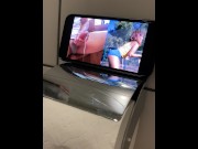 Preview 4 of SHOOTING CUM ALL OVER PUBLIC BATHROOM WHILE WATCHING PORN. CUM FLIES OUT OF CABIN!