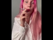 Preview 5 of Girl with pink hair smokes a cigarette in a sexy shirt