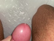 Preview 2 of CUM bi guy with thick cock and thick thighs rubbing a quick one out in the shower running water