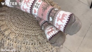 Winter socks footjob and cum on soles with socks