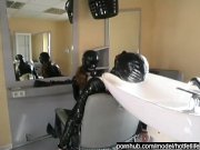 Preview 6 of The hot latex girl in black catsuit and mask at the rubber fetish hairdresser - Part 1