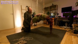 Wife is Gagged, shibari bound standing on knees suspended - pussy spanked to orgasm