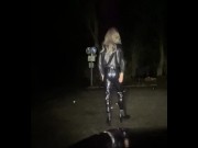 Preview 4 of Crossdressing femboy sissy at public parking lot with buttplug and in latex leggings