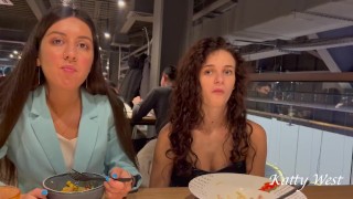 Two shameless chicks have lunch without panties at the mall in public