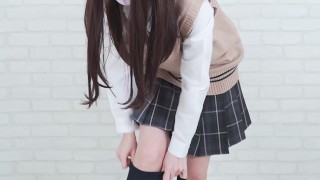Masturbation of a cute girl with short-cut hair and beautiful legs in school uniform