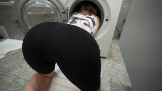Step brother fucked step sister while she was stuck inside the washing machine - cum on pussy