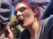 Preview 1 of Toothless Stepmom Gives BBC Sloppy BLOWJOB Outside The Car In Public