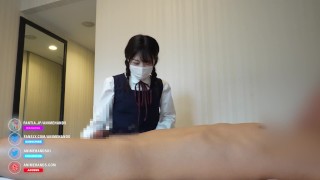 Japanese cosplayer gives a guy a handjob and facesitting.