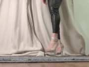 Preview 2 of Sexy trans on silver high heels and black leggings walking around