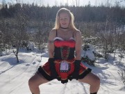Preview 6 of Little Red Riding Hood hopping out to pee in the snow when filming porn in the Finnish forest