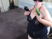 Preview 2 of Horny Sexy Big Ass Girl Strip-teasing And Caught Masturbating With Cucumber, then received Cumshot
