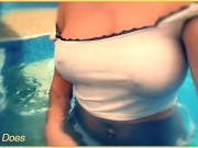 Preview 5 of Amazing hot milf in Wet crop top in the hotel Pool | Risky public exhibitionist