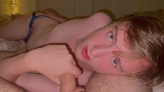 Uncut top cums on twinks face after jerking off
