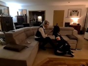 Preview 5 of Latex maid roughly handled by Mistress, licking her boots and fucked in chastity.