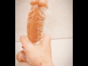 Preview 1 of Bath time Practicing strength using a dildo in the bathroom Dildo/Handjob/Practice/Bubble Bubble/For