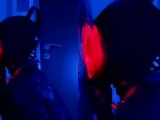 Preview 4 of sissy with latex mask sucking cock at gloryhole