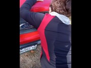 Preview 1 of StepMom Getting Bent Over The Hood Of the Truck In Public... Cumming inside her, watching out