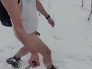 Preview 3 of Walking naked through the snowy forest💖. I wanted to masturbate👍. Great cumshot💦