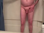 Preview 1 of Golden Shower Solo Male, stretchy nuts and two fingers plus a little stick jizz just for you.