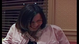 Pregnant giggly British teen gags on cum