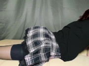 Preview 1 of Girl laying in a bed doing homwork wearing black tights with short skirt and flashing her nice ass