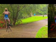 Preview 1 of Giant fake tits cross dresser outdoors photoshoot being masturbated to by voyeur