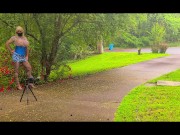 Preview 2 of Giant fake tits cross dresser outdoors photoshoot being masturbated to by voyeur