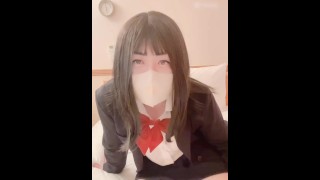 【JK Uniform】 Famous Japanese Crossdresser steal the scene of real sex at a Motel