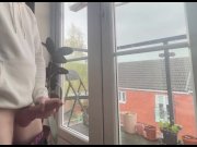 Preview 3 of Public wanking in front of my balcony windows. Big cock masturbate by straight guy to cumshot, horny