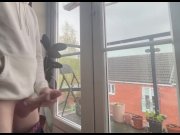Preview 4 of Public wanking in front of my balcony windows. Big cock masturbate by straight guy to cumshot, horny