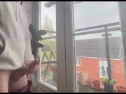 Preview 5 of Public wanking in front of my balcony windows. Big cock masturbate by straight guy to cumshot, horny