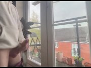 Preview 6 of Public wanking in front of my balcony windows. Big cock masturbate by straight guy to cumshot, horny